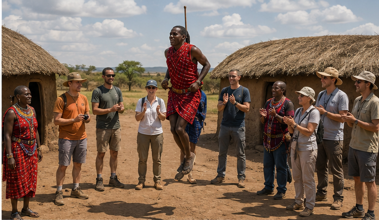 Small tour group participating in a traditional Maasai Manyatta cultural visit and adumu dance in Kenya